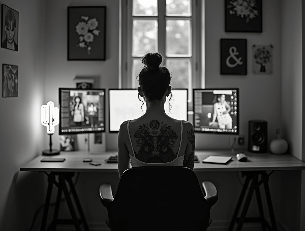 webdesigner ül kellemes környezetben 3 monitor előtt és dolgozik