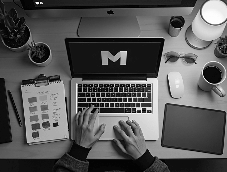 mitől jó egy logo laptop az asztalon, mellette grafikai eszközök, férfi gépel